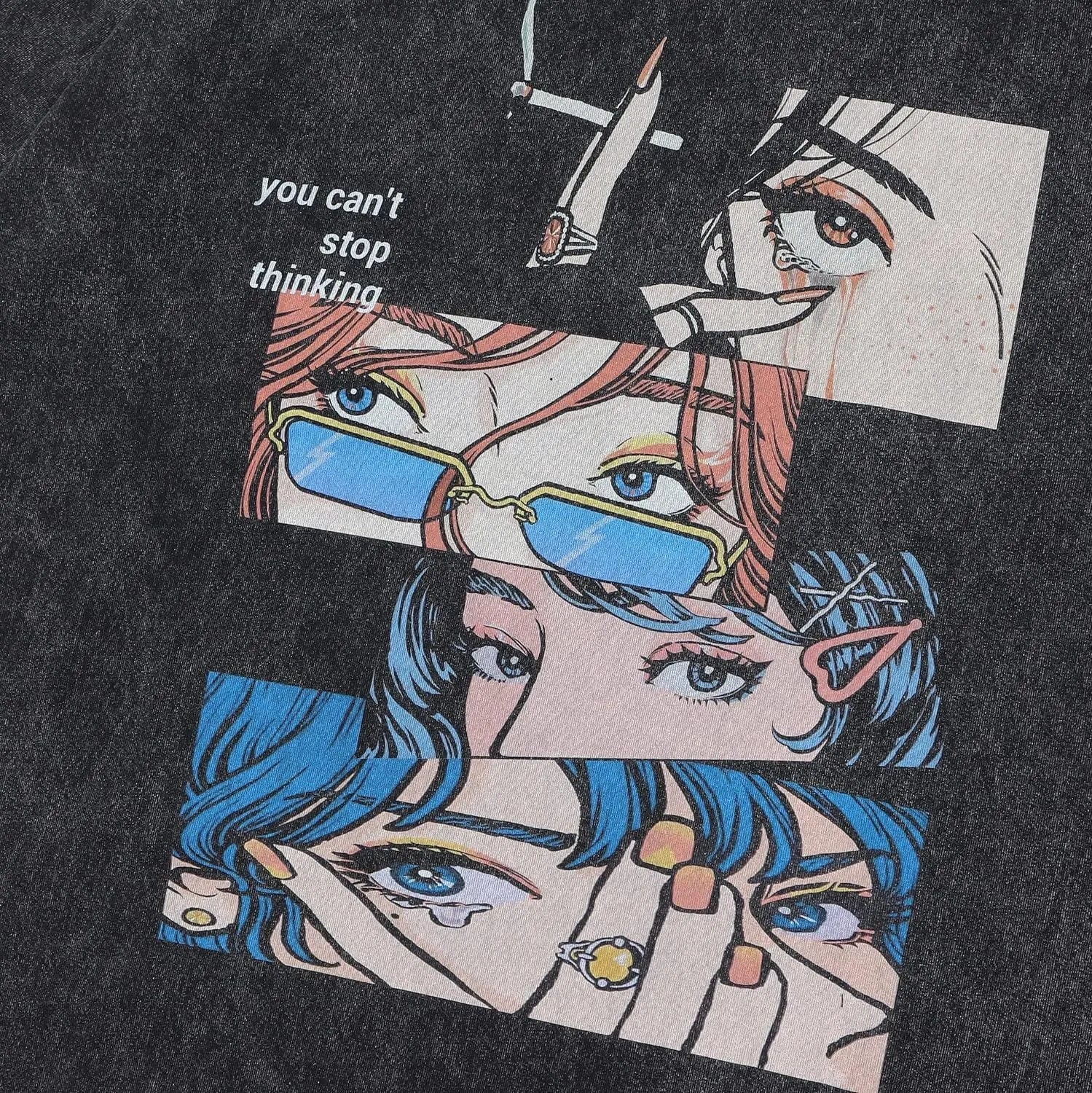 Men's washed black cotton t-shirt with cartoon pattern print in loose street style