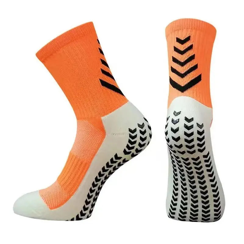 Men's mid-calf athletic socks with geometric patterns and non-slip silicone grip