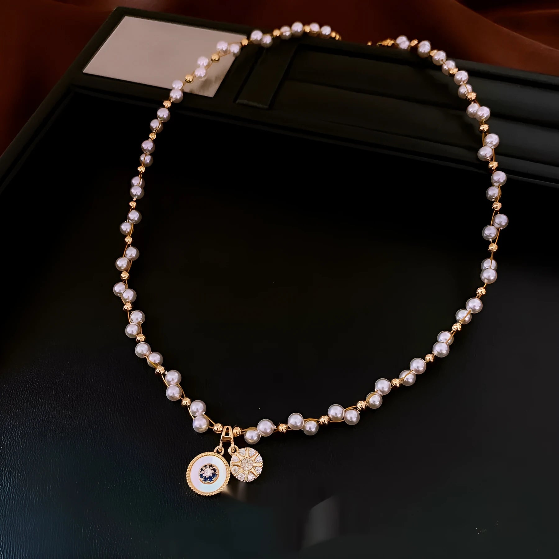 Women's gold electroplated necklace with round zircon-inlaid imitation pearl pendant on clavicle chain