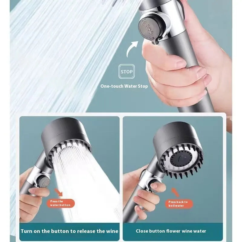Portable ABS plastic shower head with third gear adjustment dial showing spray massage and rainfall settings