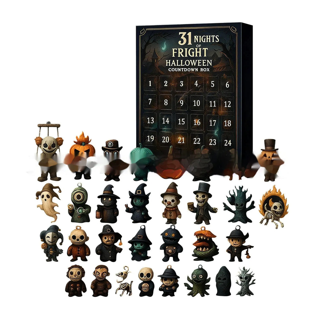 Halloween advent countdown box with horror doll figurines showing 31 compartments for daily surprises