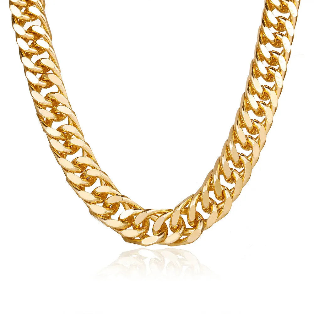 Women's thick gold chain necklace showing 32cm length with electroplated finish and simple solid colour design