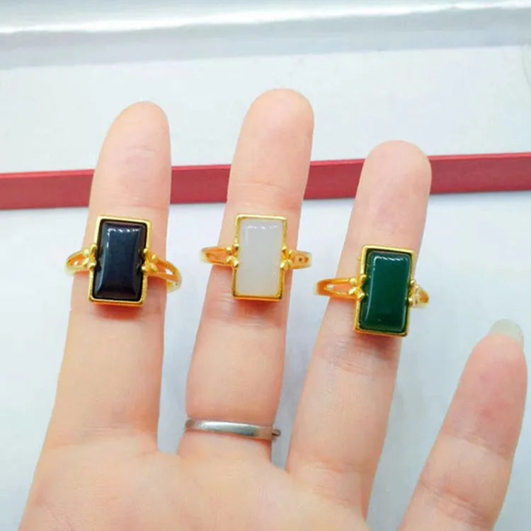 Adjustable brass gold-plated ring with artificial gemstone inlay in national style design