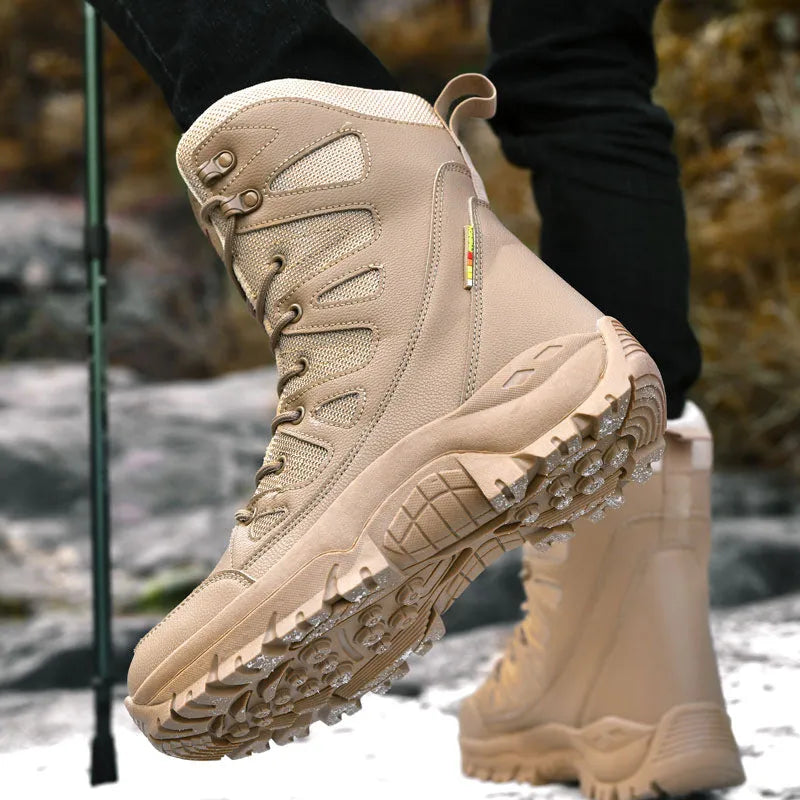 Men's beige cowhide hi-top hiking shoes with a platform sole on a rocky outdoor background.