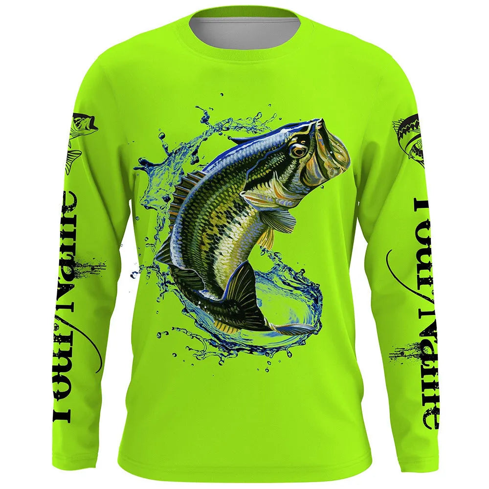 Man wearing a long-sleeved grey pullover with a detailed multi-coloured fish print design on the front.