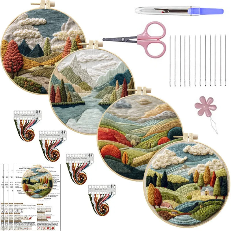 Embroidery DIY kit with landscape printed fabric, bamboo frame, thread, and needles for handmade cloth art