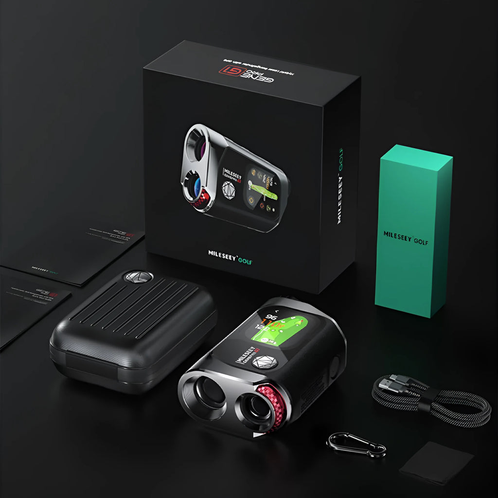 GenePro G1 golf laser rangefinder with GPS showing AMOLED touchscreen display and compact black design