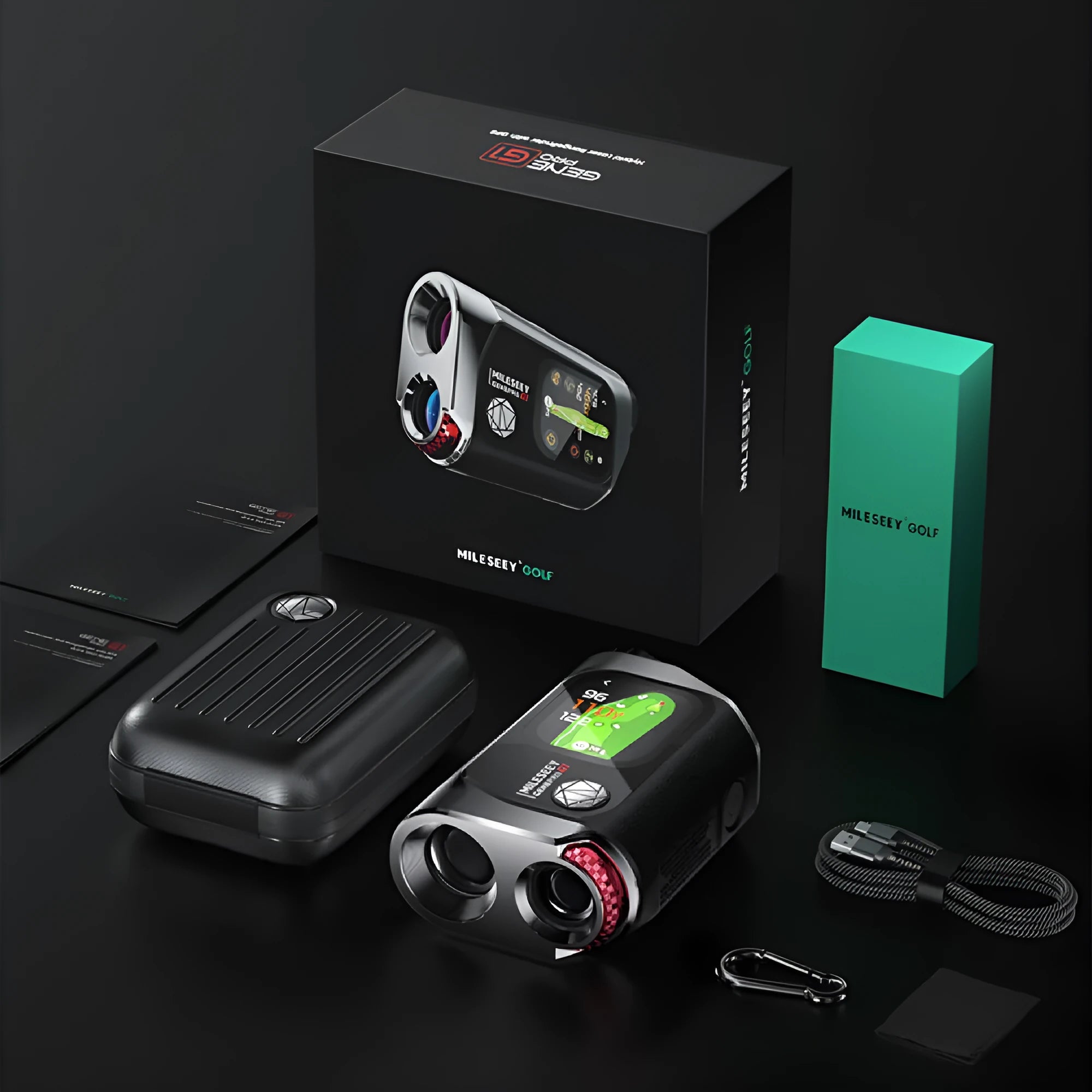 GenePro G1 golf laser rangefinder with GPS showing AMOLED touchscreen display and compact black design