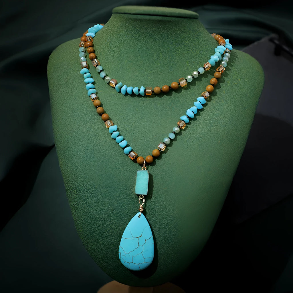 Turquoise water drop pendant necklace with mixed gemstone inlay on 81cm ball bead chain