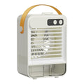 Dark green and ivory white desktop air humidifier with 5-blade fan and USB port measuring 19x12.5x10cm