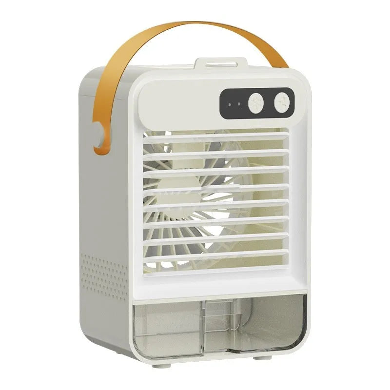 Dark green and ivory white desktop air humidifier with 5-blade fan and USB port measuring 19x12.5x10cm