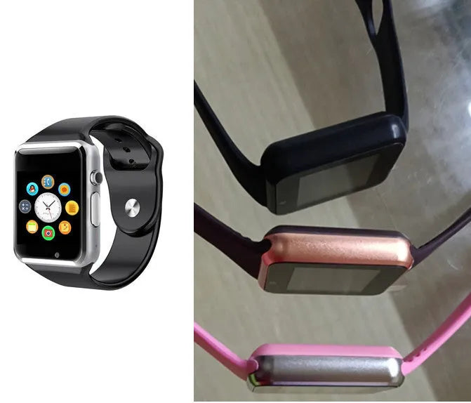 A1 Smart Watch in various colours with 1.54-inch screen, GSM SIM slot, and camera for Android phones.