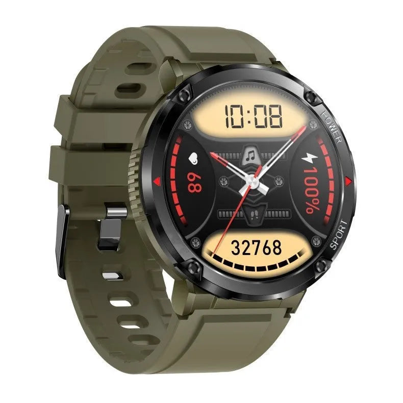 T30 Smart Watch in black on wrist, showing 52mm IPS screen displaying time and heart rate.