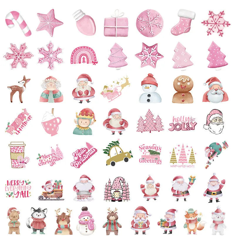 Assortment of 50 cute Christmas themed waterproof stickers ranging from 4cm to 8cm in size on a sheet.