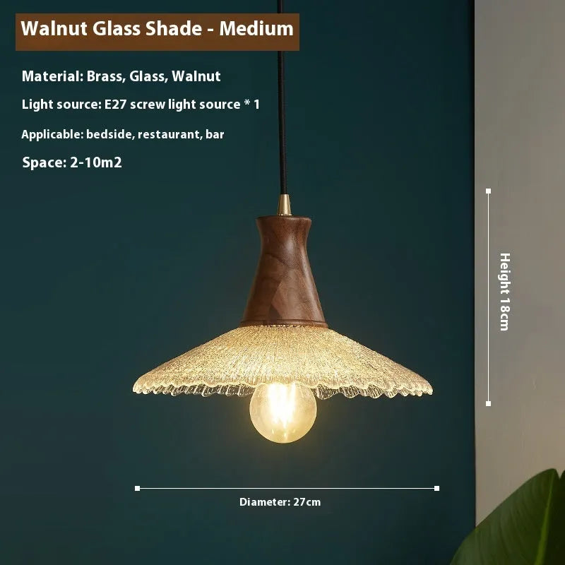 Retro wooden chandelier with glass shades in three size options