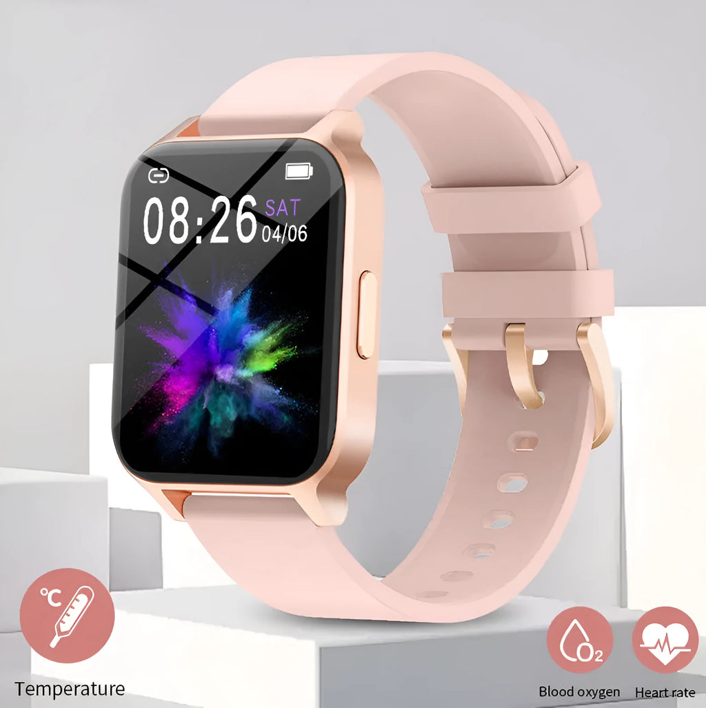 Smart colour screen health detection watch with black mesh strap showing heart rate and blood oxygen data.