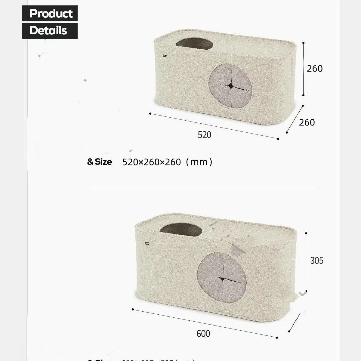Grey foldable felt cat bed nest shown next to khaki version, demonstrating two size options