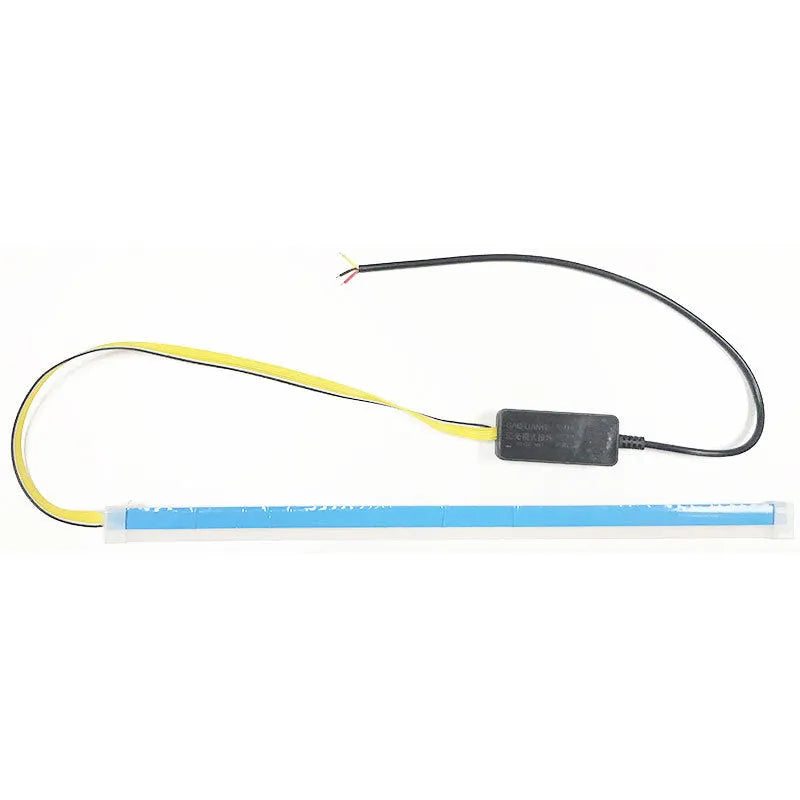 Slim silicone car LED strip for daytime running lights and flowing turn signals on a vehicle headlight.