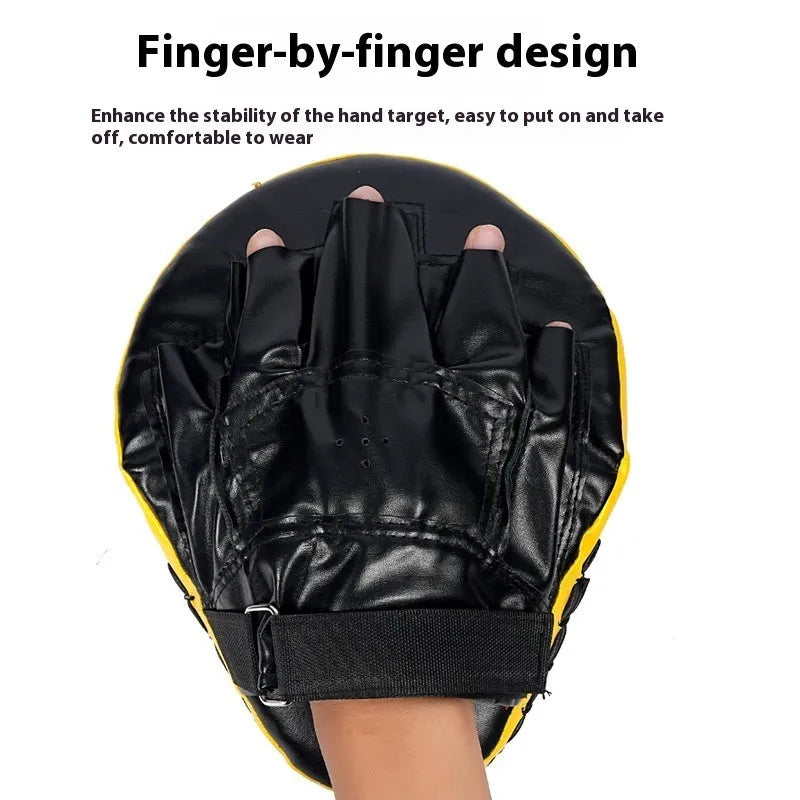 PU leather punch mitts for boxing training in curved and flat designs on a black background