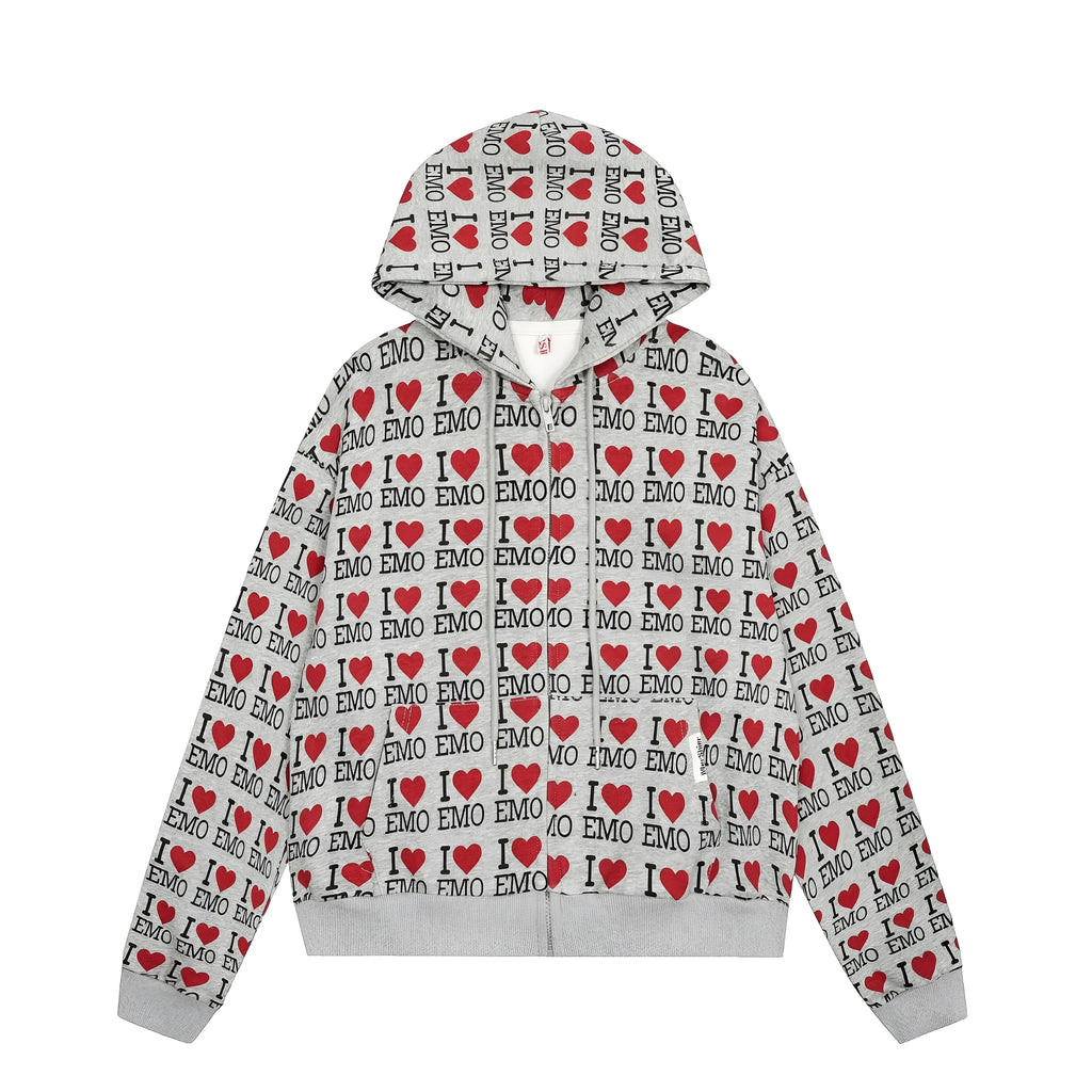 Women's melange grey cotton hooded cardigan with a retro autumn pattern, shown in a street fashion style.