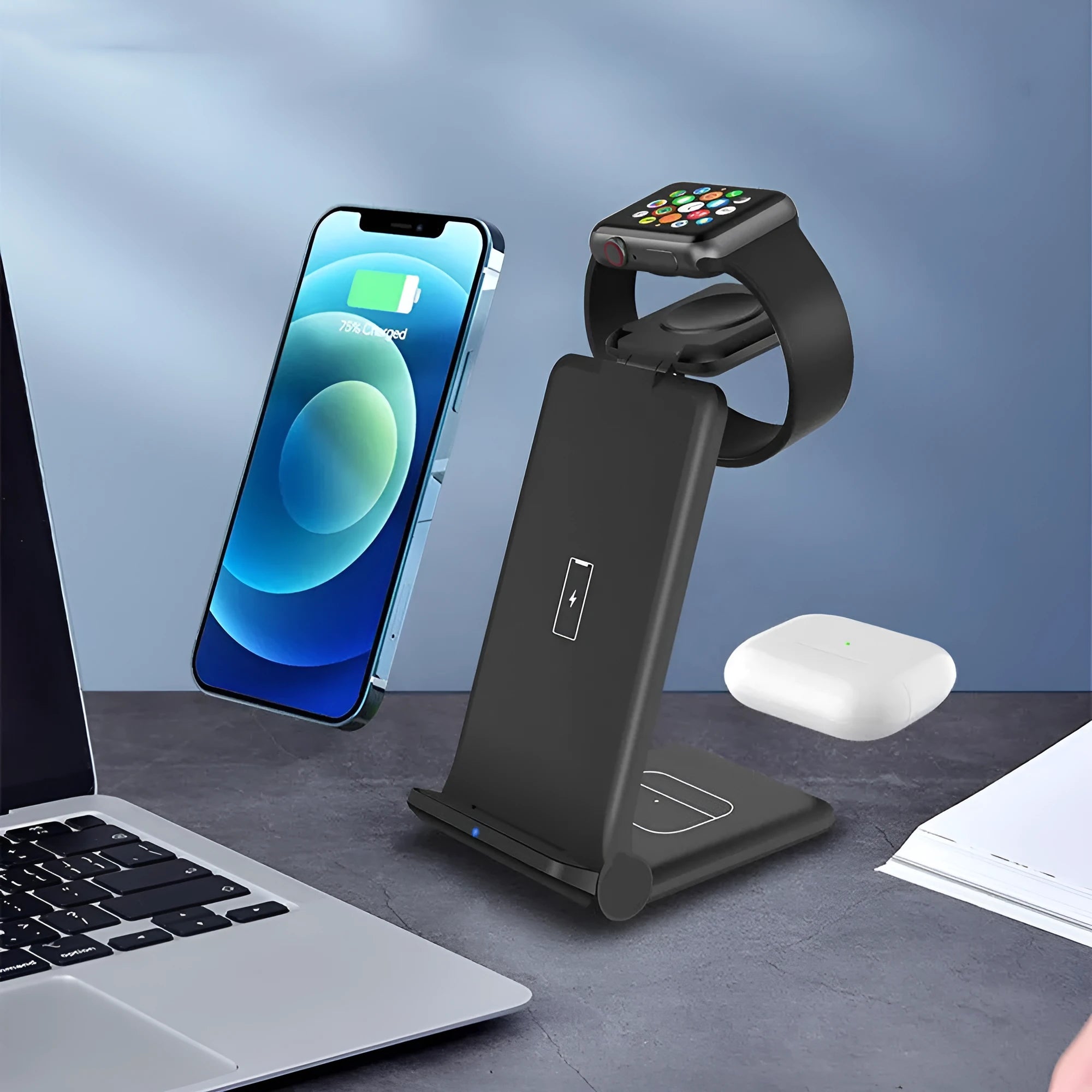 Black and white 3-in-1 wireless charging station showing phone, smartwatch and earbuds charging simultaneously