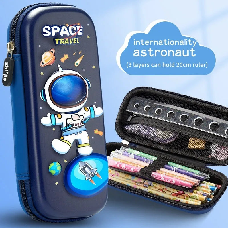 3D leather pencil case with decorative design options including astronauts, dinosaurs and mermaids