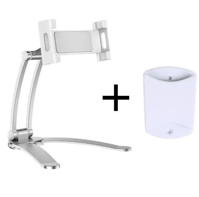 Silver aluminum alloy adjustable tablet stand holding a tablet with 360-degree rotation capability