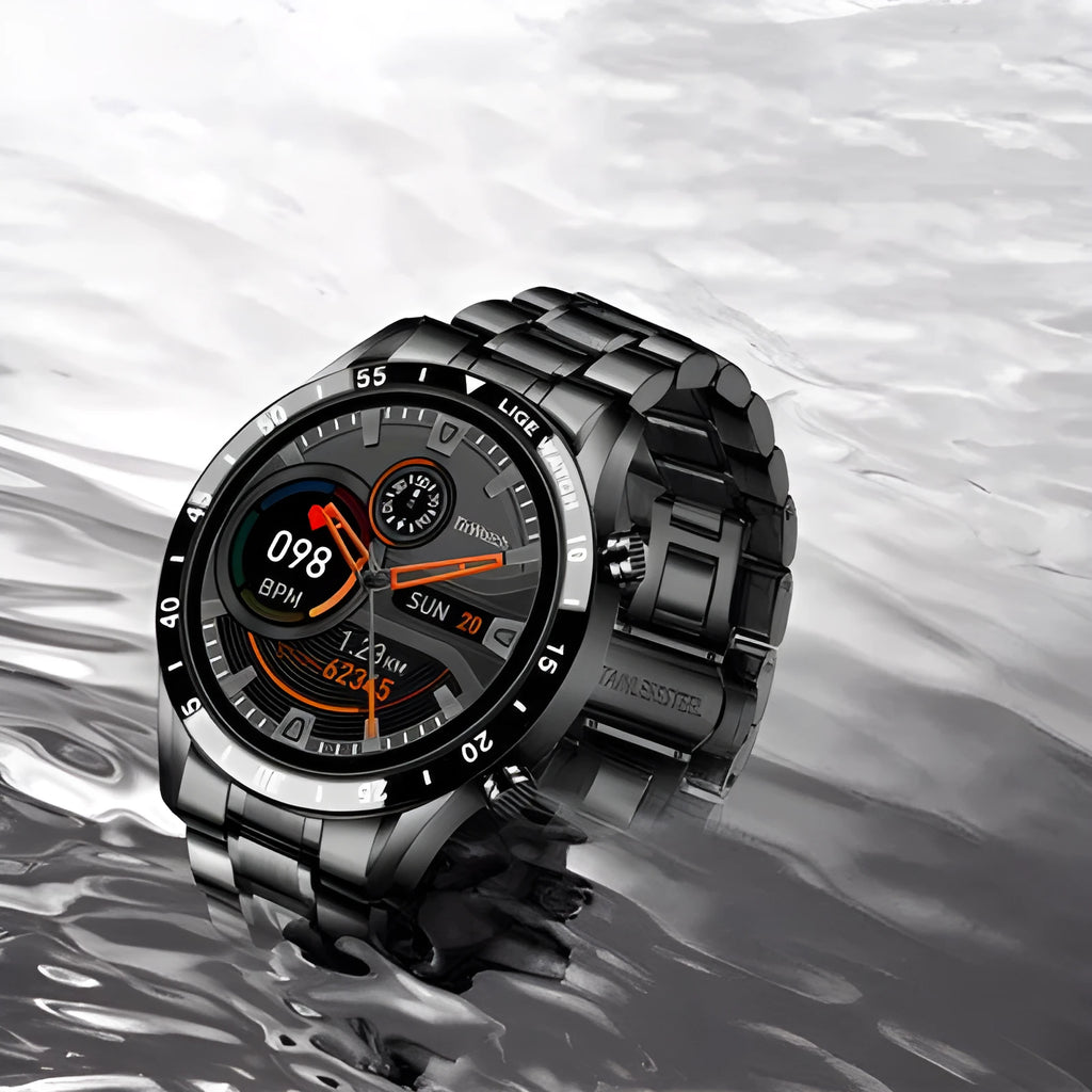 Stainless steel smart watch with black band and 1.3-inch touch screen display