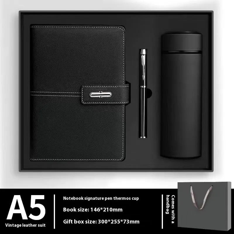 A5 notebook with PU leather cover in one of six colour options, showing wood-free paper inside.