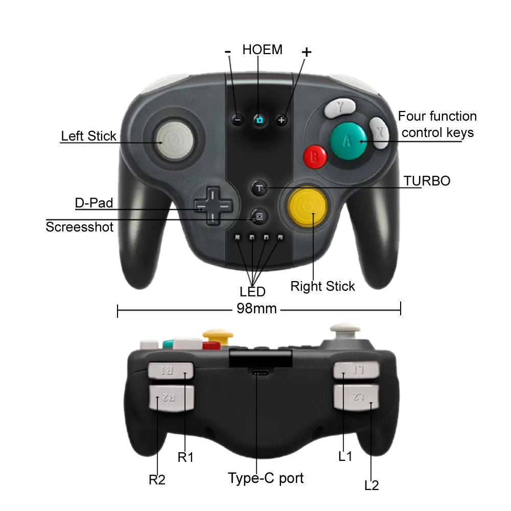 Black wireless gamepad controller with NFC function for Nintendo Switch and Windows gaming