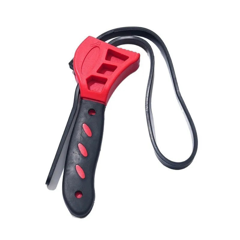 Adjustable rubber strap wrench set with 6-inch and 8-inch sizes on a workbench