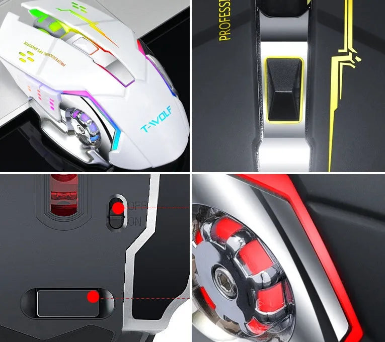 Black and white wireless silent mouse for laptops with six buttons and 2400dpi optical sensor