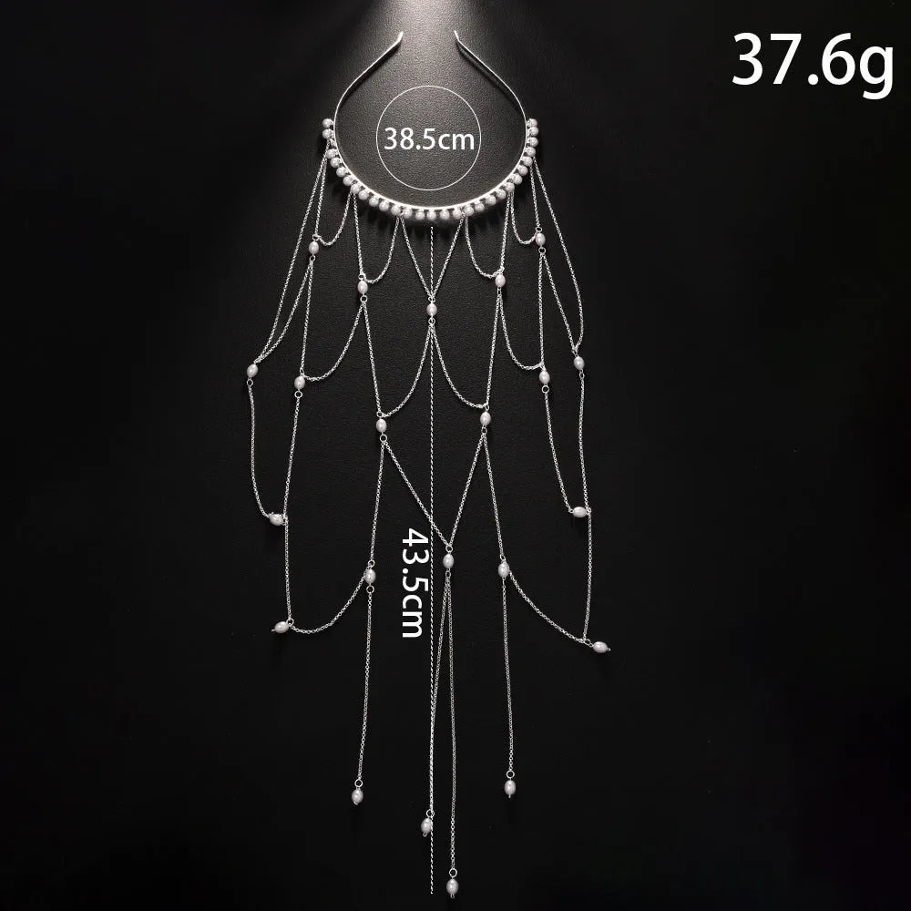 Gold or silver mesh tassel hair chain with pearl decorative elements for women's hairstyling