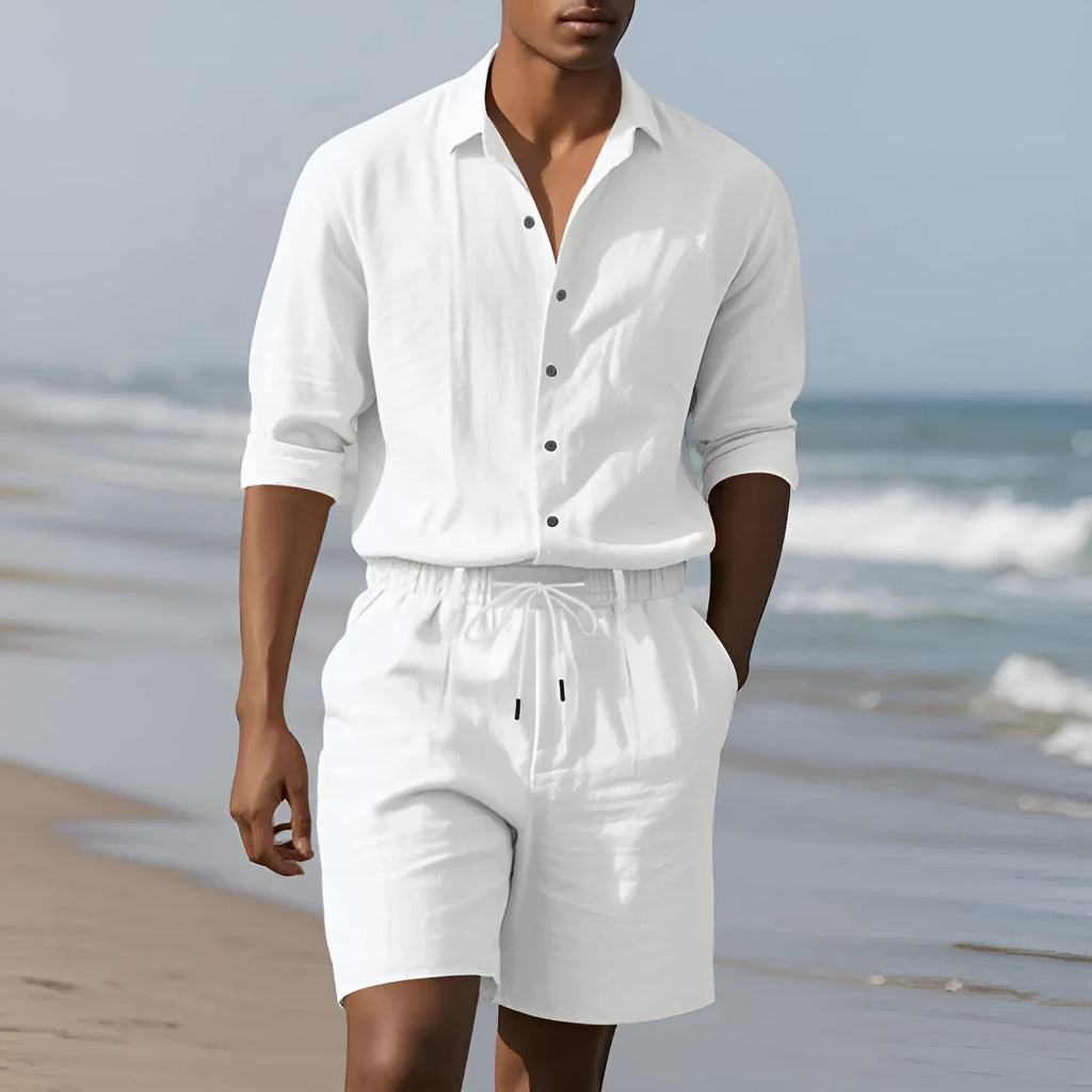 Men's linen beach suit set showing long sleeve shirt and matching shorts in light blue colour