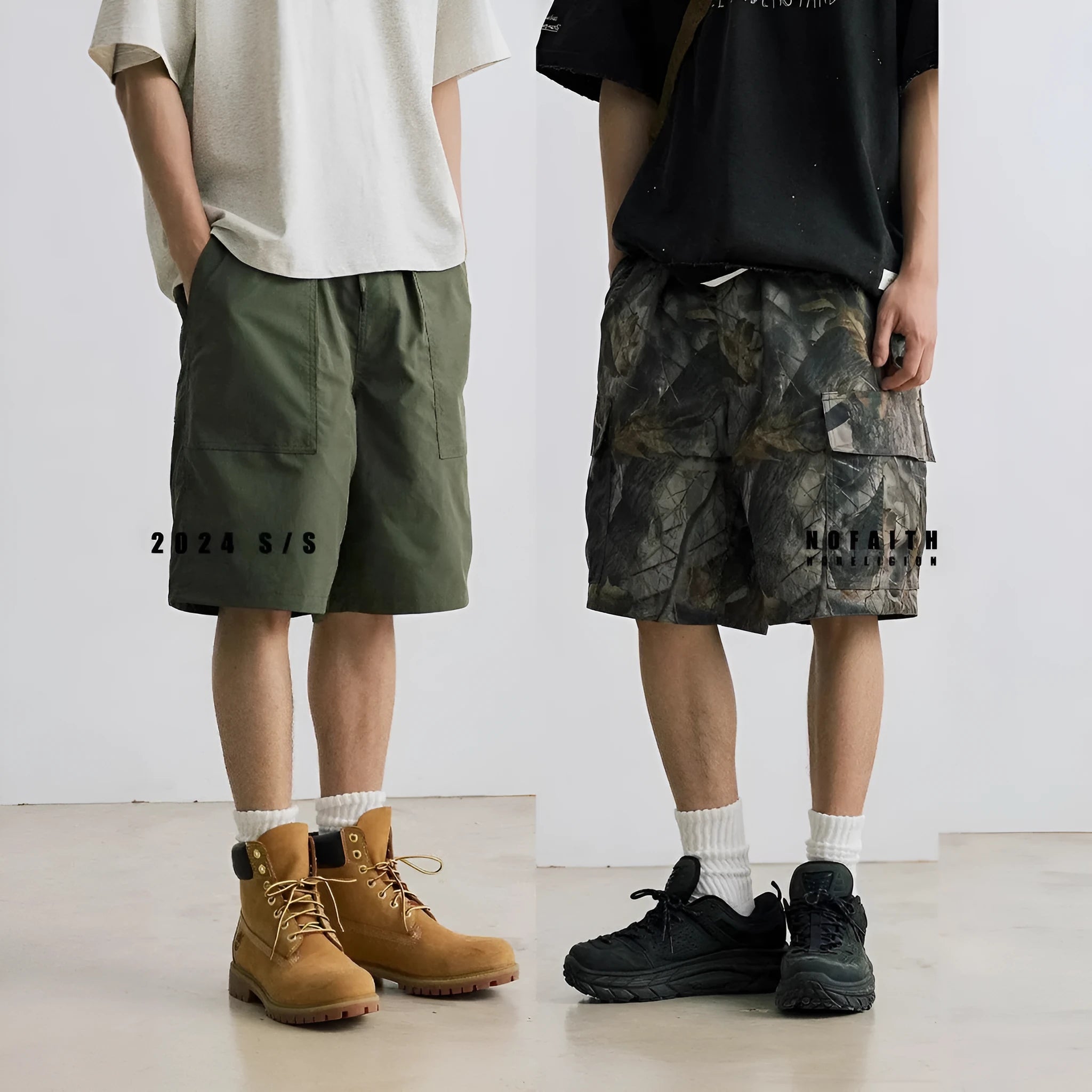 Loose fit denim shorts with elastic waist in black and army green colours