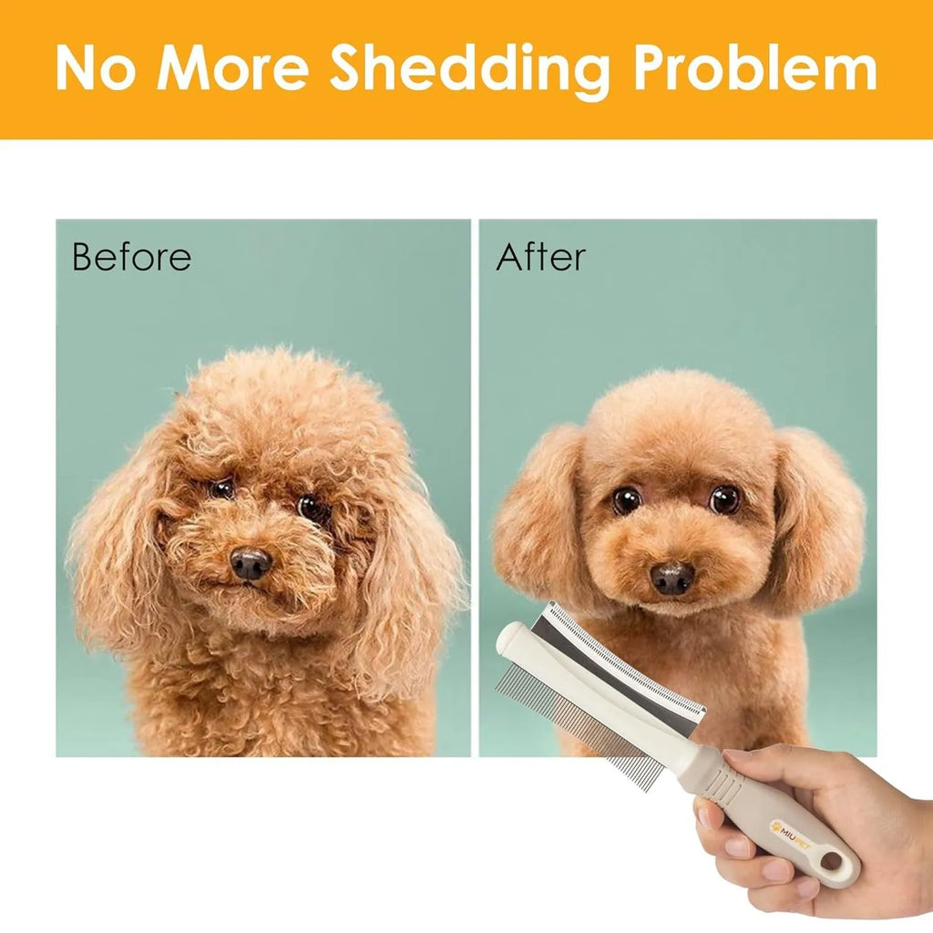 White 2-in-1 pet brush with a double-sided head and ergonomic anti-slip handle.