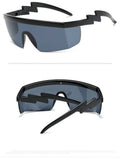 One-piece sports sunglasses with lightning leg design in black frame with blue PC lenses