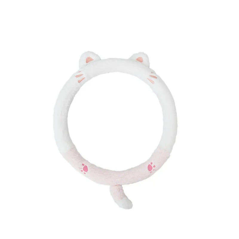 Plush cartoon animal embroidered steering wheel cover for winter, shown fitting a 38cm car steering wheel.