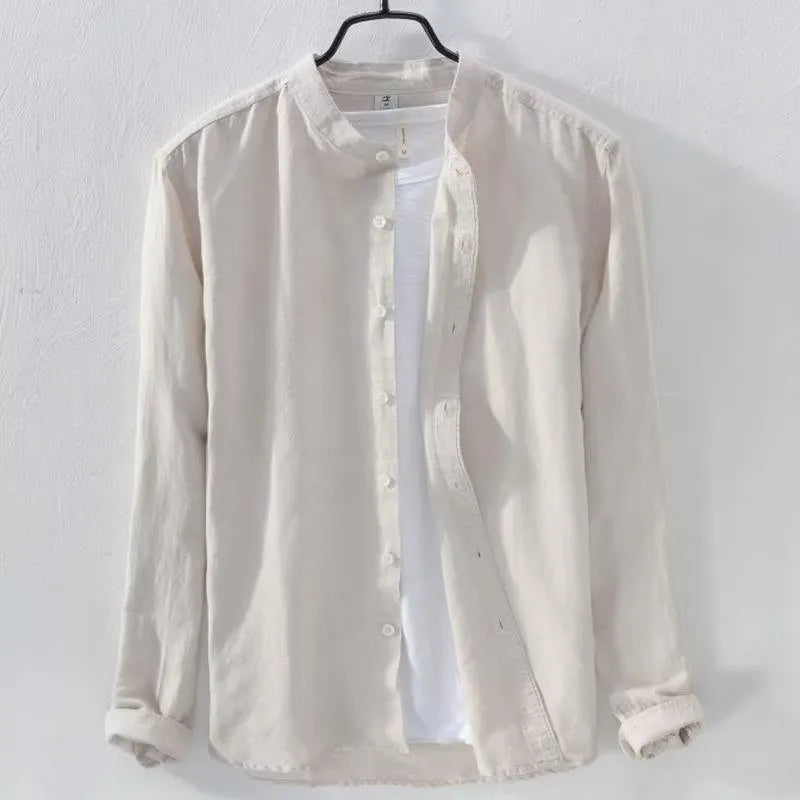 Loose fit cotton linen casual long sleeve shirt in solid colour options including dark blue, light blue, khaki, grey, and white