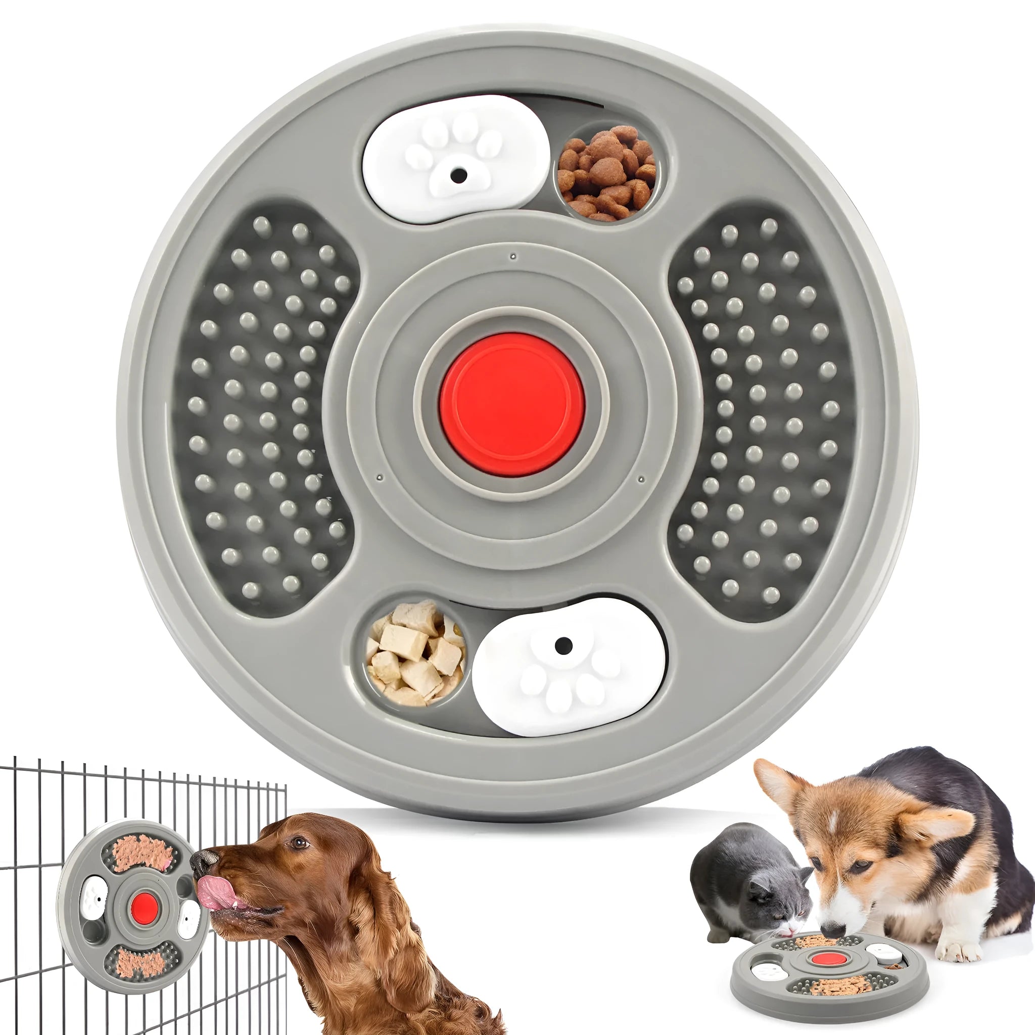 Grey and blue PP plastic dog slow feeder bowl with grooves and anti-slip pads on a white background