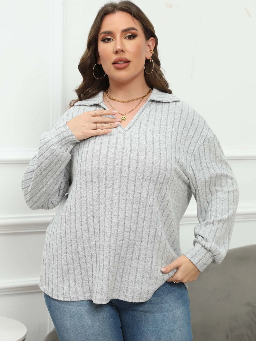 Women's plus size polo collar polar fleece shirt with lantern sleeves in melange gray fabric