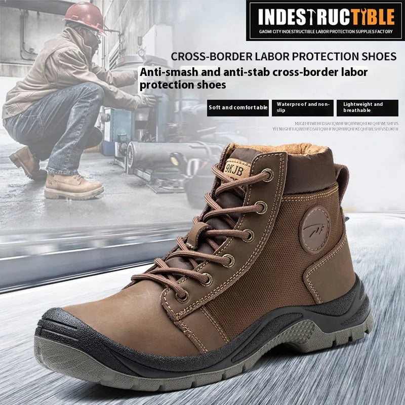 Lightweight leather labour protection safety shoes with rubber soles in orange, grey, green and yellow colours
