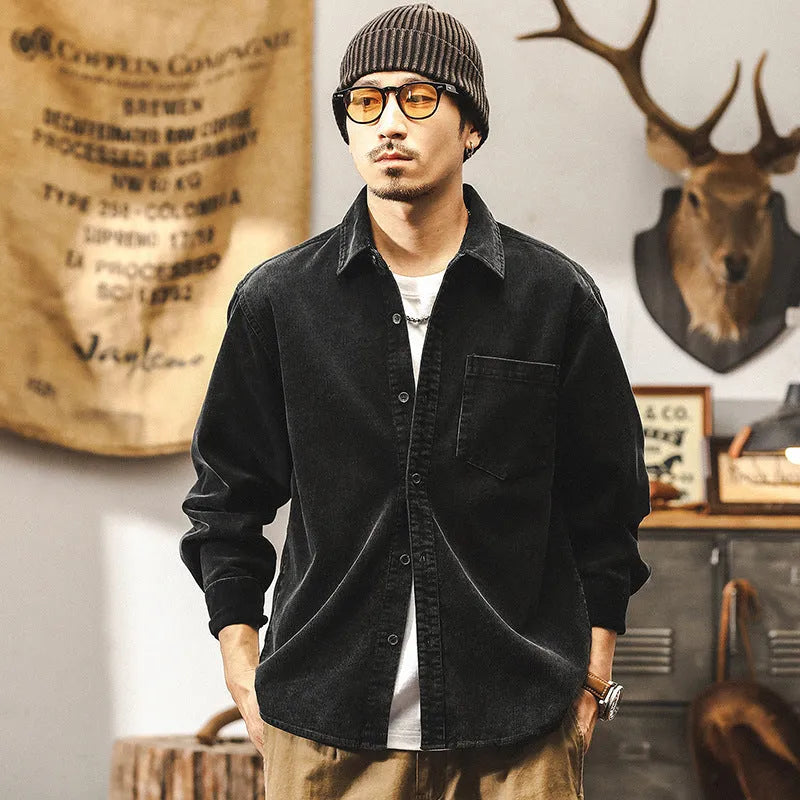 Men's retro corduroy long sleeve shirt in red and black colours showing loose fit design