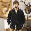 Men's retro corduroy long sleeve shirt in red and black colours showing loose fit design