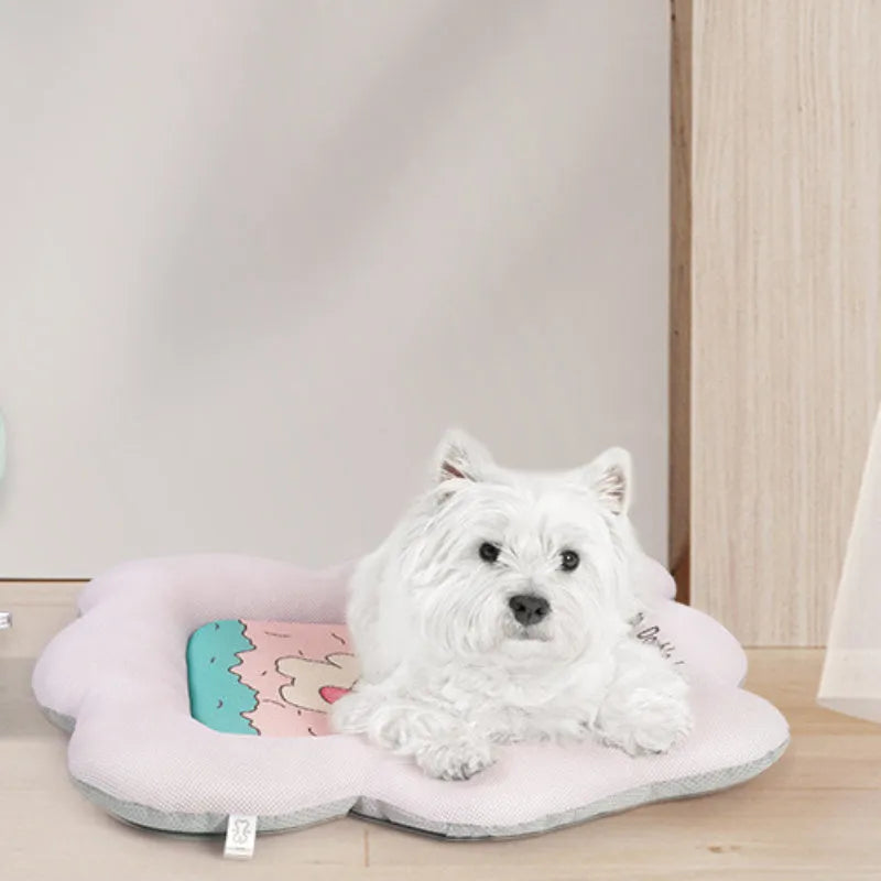 Green PVC pet cooling mat for dogs and cats showing four size options: S, M, L, and XL.