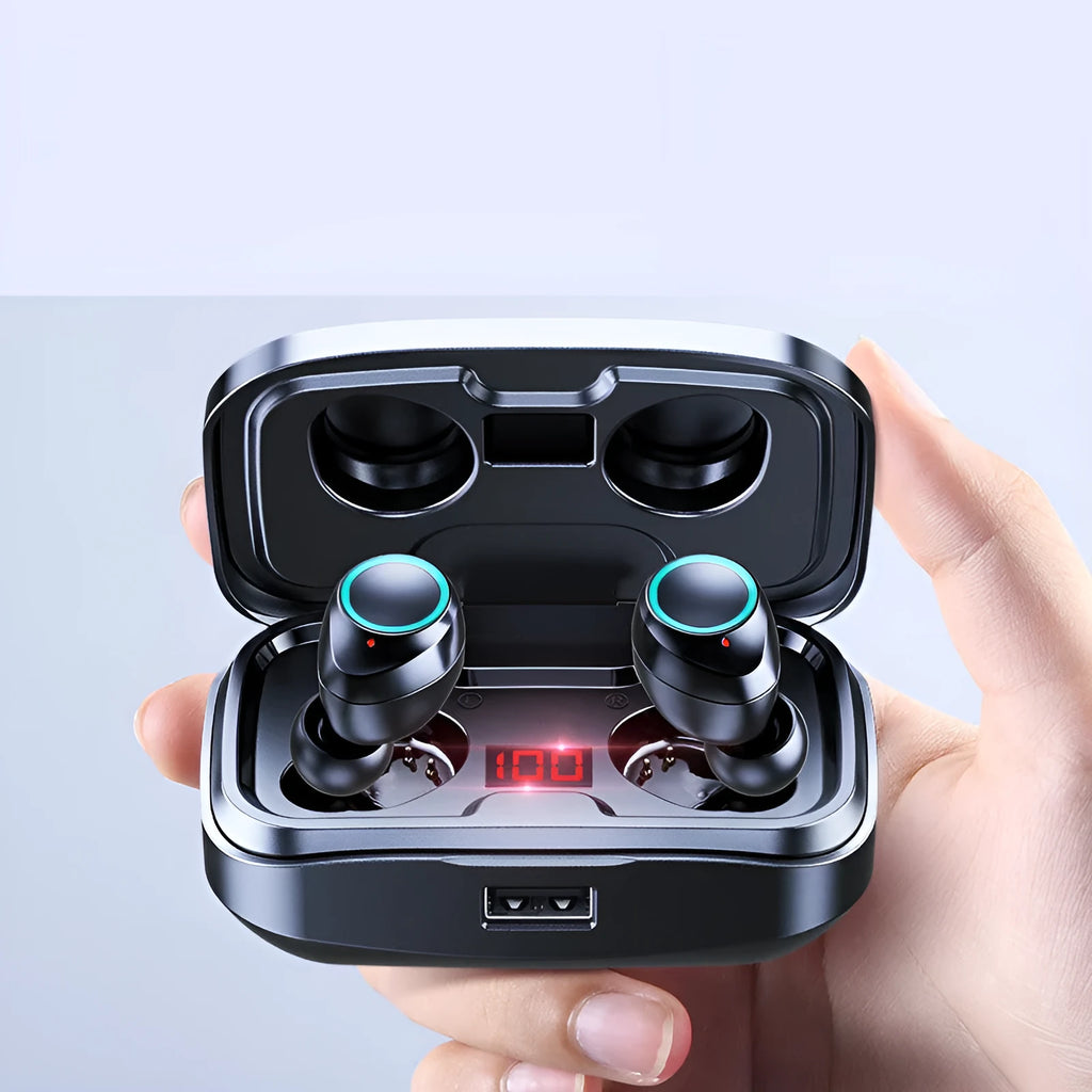 Wireless Bluetooth 5.0 in-ear earphones in black, blue, or red colours with private mould design.