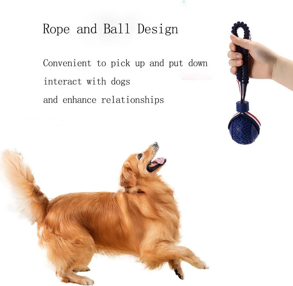 Blue natural rubber dog ball with rope attached measuring 6.5cm diameter
