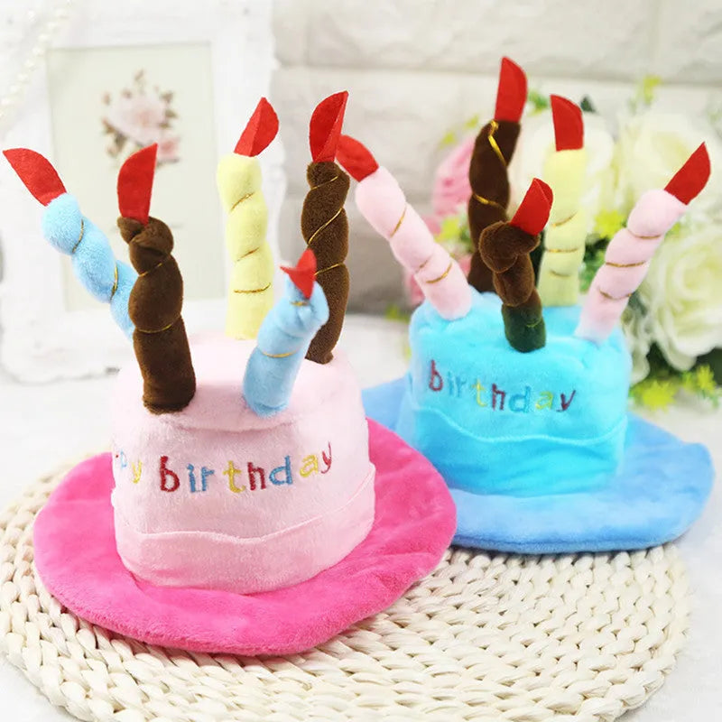 Blue dog birthday hat with party balloons and candles for small to medium dogs