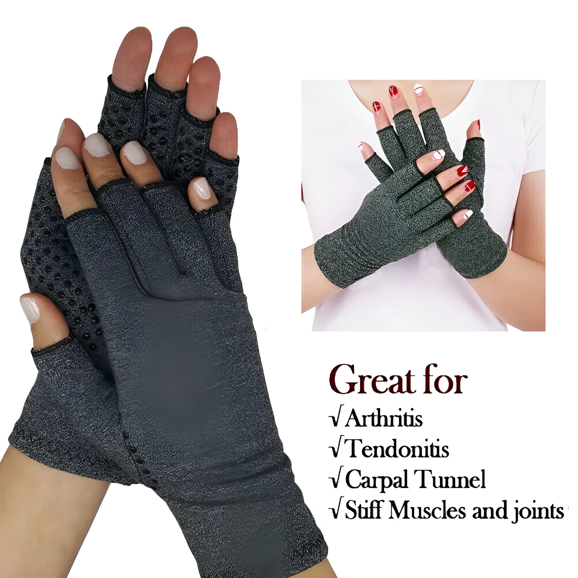 Grey half finger compression gloves with anti-slip grip on palm