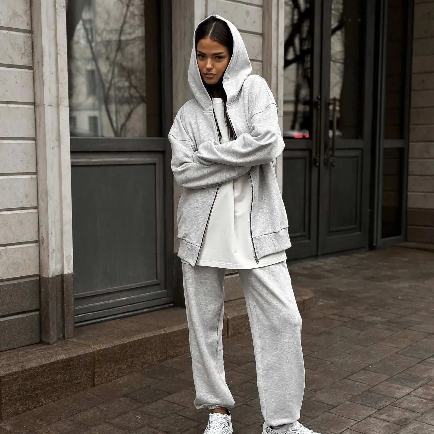 Women's street style long-sleeved coat and trousers two-piece set in solid colour